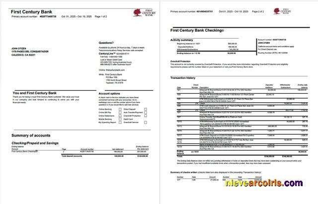 USA First Century Bank account statement Word and PDF, 2 pages